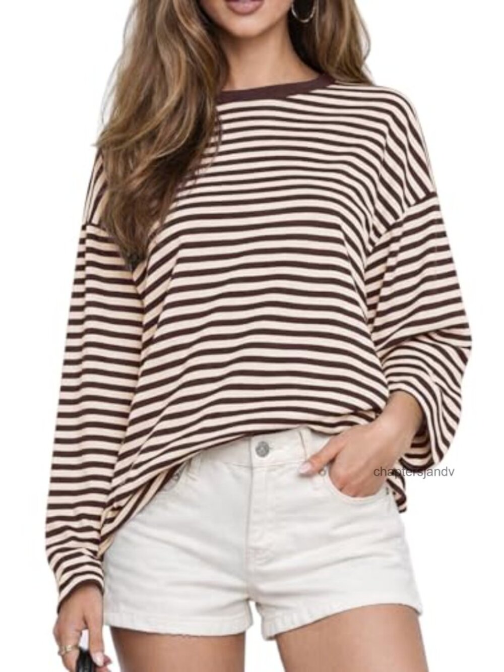CHYRII Womens Oversized Striped Long Sleeve T Shirt Casual Fall Top